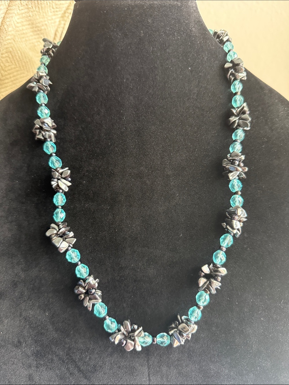 Black Hematite Chip & Aqua Faceted Glass Bead Statement Necklace | Vintage Boho